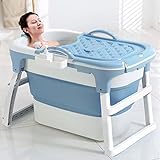 JYJYES Faltbare Badewanne Kinder Duschbadewanne Tragbare Bequeme Lagerung mit Seifenkorb Abflussrohr Dicke TPE/PP Massage für Aufstellen in Dusche und Balkon Blue with Lids 41inch*27inch*28inch