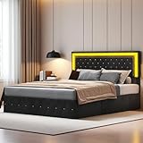 Polsterbett Doppelbett 140x200 cm mit LED-Beleuchtung, hydraulisches Stauraumbett mit Bettkasten, Bett mit Stauraum und Lattenrost. Funktionsbetten für Erwachsene oder Jugendliche. Samt (Schwarz)