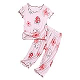 Mädchen Dünne Pyjamas Erdbeermuster Holz Ohr Kurzarm Set Kleidung Klimaanlage Kleidung Langarmshirt (Pink, 90)