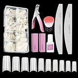 Acryl Künstlich Nagelspitzen, Venares 500 Stücke Falsche Nagel Nageltips Französisch, 10 Größen Nageltips Set mit Nagelkleber Nägel Feilen Nagelpuffer Block Nagelbürste Nagelknipser (Natürlich)