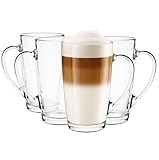 Glasmark KROSNO 1992 Gläser Set Kaffeegläser Teegläser Mit Henkel 4 Stück 400 ml Kaffee Tee Latte Glas Teetassen Glasbecher Trinkglas Groß Spülmaschinenfest Alex, Durchsichtig