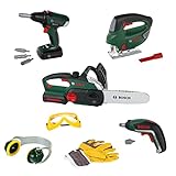 Theo Klein 8593 großes Bauarbeiterset Robuste Stich und Kettensäge mit Licht und Sound zwei coole Akkuschrauber für Kinder Arbeitsschutz-Zubehör im Bosch-Design Spielzeug für Kinder ab 3 Jahren