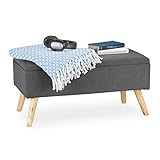 Relaxdays Sitzbank mit Stauraum, gepolstert, Holzbeine, Truhenbank Stoffbezug, H x B x T: 39,5 x 79,5 x 39,5 cm, grau
