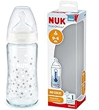 NUK First Choice Glasflasche – 0-6 Monate | Temperaturkontrolle | Sauger aus Silikon | Kolik-Ventil | BPA-frei | 240 ml, klar