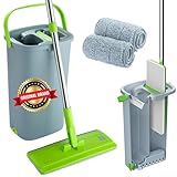 Mop und Eimer Set - EasyGleam Flachbodenmopp mit Teleskopstange, Innovativer Mop Zweikammer Eimer für Nass- und Trockenanwendung, 2 Mikrofaserpads, Perfekt für Alle Bodenarten, Reinigung und Pflege