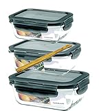 seleXions Lock & Lock Boroseal Glasdosenset 3-TLG. Rechteckig je 380 ml, 630 ml & 1 L mit Deckel Mulitifunktionspachtel aus Olivenholz