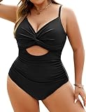 Vancavoo Badeanzug Damen Bauchweg Große Größen Push Up Bademode Einteiliger Badeanzüge mit Bügel Sexy V Ausschnitt One Piece Swimsuits Swimwear,Schwarz,3XL