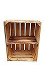 Teramico Massive Holzkisten als Schuhregal Bücherregal LEICHT GEFLAMMT mit Zwischenbrett (verschraubt) Apfelkiste Obstkiste Kisten-Regal Vintage Deko (1er Quer)