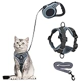 Katzengeschirr und Katzenleine Set,Automatisch Einziehbare Hunde Leine mit Geschirr für Katzen,Ausbruchsicher Katzen Leine,Katzen Geschirr Set mit Leine für Katzen Kitten Hunde (M, Grau)