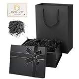 Geschenkbox mit Deckel, Geschenkbox Geburtstag, Rechteckige Geschenkverpackung Geburtstag mit Schleife, Geschenkkarton mit Deckel Raffia und Grußkarten, für Hochzeiten Jahrestage (Schwarz)