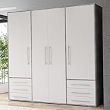 Forte Jupiter Kleiderschrank 205, Großer Schrank mit 4 Türen und 6 Schubladen, Holzwerkstoff, Weiß/Betonoptik Lichtgrau, 205,9 cm breit, 200 cm hoch, 53 cm tief