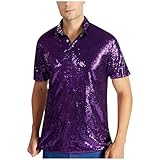 Beokeuioe Hippie Pailletten Hemd für Herren Glitzer Hemd Kurzarm Regular fit Kurzarmhemd Glänzend Hemden 70er Disco T-Shirts Clubwear Bühne Party Nachtclub Festliche Karneval Kostüme