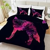 Wolf Bettdecke 240x220 Tier Bettdecke Ohne Bezug 3D Druck, Schwarz Rot 4 Jahreszeiten Bettdecke 220x240, Warm Steppdecke mit 2 Kissenbezug