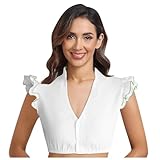 Dirndl Bluse Damen Weiß Flügelärmel Dirndlbluse V Ausschnitt Knopfleiste Trachtenbluse Hochgeschlossen Schlicht DirndlBlusen Kurzarm Rüschen Trachten Traditionelle Oktoberfest Blusen (Grün, L)