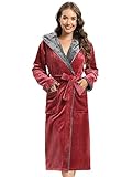 vislivin Bademantel Damen mit Kapuze Flauschig Bademantel Lang Warm Morgenmantel Fleece Robe Women Wine Red M