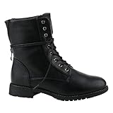 Damen Stiefeletten Profilsohle Worker Boots Leder-Optik Schnürstiefeletten Camouflage Verlours Schuhe 144216 Schwarz Schwarz 39 Flandell