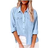 Susenstone Bluse Damen Festlich 3/4 Arm Knopfleiste Lässiges Hemd Lockere Passform Leinenhemd Solide Dickes Oberteil Basic Shirt Atmungsaktive Tops Baumwolle Leinenbluse Bequeme Tunika