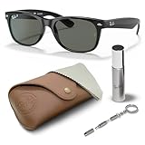 Ray-Ban RB2132 New Wayfarer quadratische Sonnenbrille, BRILLEN-SET | Exklusiv-Etui und Care-Kit | Polished Black/Polarized Green | Größe Small
