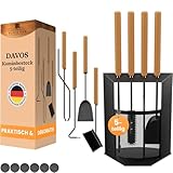 BLACK OAK Kaminbesteck DAVOS 5-teilig - edles & dekoratives Ofenbesteck Set schwarz mit Holzgriff 5 teilig Ständer + Kaminzange Schürhaken Ascheschaufel Kaminbesen Stahl Kaminzubehör Besteck für Ofen