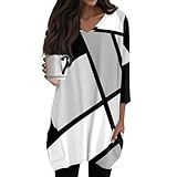Damen Longshirt 3/4 Ärmel mit Tasche Oversized Tshirt Lang Longtops Sommer Oberteile Vintage-Druck V-Ausschnitt Longbluse Lässig für Leggings Tunika Tops,Grau,M