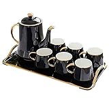 Kaffee- und Teeservice aus glasiertem Porzellan mit 6-teiligen Tassen und Kaffeetablett, 8-teilig, Nachmittagstee, Trinkgeschirr, Kaffeeservice (Schwarz)