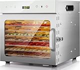 Kwasyo Dörrautomat Edelstahl, 8 Etagen mit 6er Dörrfolie, Rezeptbuch, BPA-frei, 30–90 ℃ Temperatureinstellung, max. 24 Stunden, Dörrautomat für Gemüse, Fleisch, Obst