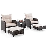 GIANTEX 5er Rattan Gartenmöbel Set, Balkonmöbel Kleiner Balkon, Balkonset 2 Rattansessel mit Hocker, Gartenlounge Set Terrassenmöbel mit Tisch, Gartengarnitur Möbelsets Outdoor Sitzgruppe 5 teilig