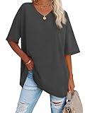 iudam Oversize T Shirt Damen mit V-Ausschnitt Sommer Longshirt Kurzarm Übergroße Oberteil Locker Sport Tops Casual Tee Shirts Blusen,3XL,Dunkelgrau