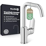 KLUDI-X1 Waschtischarmatur mit Zugstangen-Ablauf, 360° schwenkbar, Auslaufhöhe 205 mm, wassersparender Wasserhahn Bad Größe L, Mischbatterie Waschbecken inkl. Anschlussschläuche in Chrom