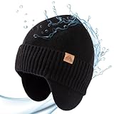 TOP-EX XL/XXL Merinowolle Beanie Herren Damen mit Ohrenklappen wasserdichte Warme Wintermütze Strickmuetze mit Fleecefutter Outdoor Ski Mütze 95562_Schwarz L/XL
