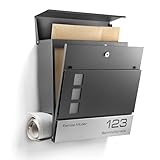 NewHabitat I Moderner Briefkasten Anthrazit mit Zeitungsfach - Wandbriefkasten personalisiert mit Edelstahl Namensschild und Hausnummer Gravur I Rostfrei und UV-beständig, inkl. Montagematerial
