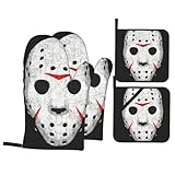 Hitzebeständige Ofenhandschuhe und Topflappen Set - Horror Skull Volldruck Design für Küche, Grillen, Backen, Grillen