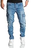 REPUBLIX Herren Cargo Jeans Regular Slim Denim Hose Destroyed R7977 Hellblau W34/L32