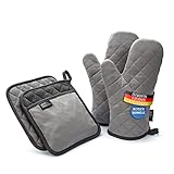 LauterSchutz® Topflappen und Ofenhandschuhe im Set - extra weiche, waschbare & recyclete Baumwolle [Hitzebeständig bis 250°C] Topfhandschuhe zum Kochen & Backen (Grau)