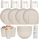 48 Teiliges Unzerbrechliches Geschirr Set, Wiederverwendbar Camping für 4 Personen Plastikgeschirr Picknick Leicht Bunt Grill Kunststoff Servierteller Schüsseln Besteck