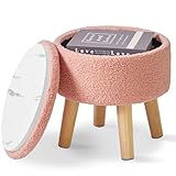IBUYKE 13” Kleiner Fußhocker Ottomane mit Stauraum, Runde Pouffe Fußablage Hocker mit Gepolstertem Sitz und Deckel, Teddy Samt Mini Ottomane Fußstütze für Wohnzimmer Couch Eingang,Rosa WBD006P
