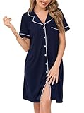 Wikoan Damen Nachthemd Baumwolle mit Knöpfe Sleepshirt Kurzarm Schlafshirt mit Brusttasche Nachtwäsche Sommer Stillnachthemd Geburtskleid Hellgrün S