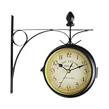 Milageto Doppelseitige Bahnhofsuhr, Vintage-Wanduhr mit Halterung, wasserdichte Gartenuhr für den Außenbereich, Retro-Eisenbahnhofsuhr, 23 cm, große Hängeluhr für den Innen- und Außenbereich, Stil a