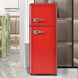 Merax Retro Kühlschrank, 105.5 cm, Kühl-Gefrier-Kombination 92L, 28L Gefrierfach, Doppeltür Design, Energieeffizienzklasse D, 116 kWh/Jahr, 7 Temperaturstufen, LED-Beleuchtung, Kompakt, Rot