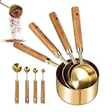 Teksome Messbecher Und Löffel Set,Küchen-Messbecher & Messlöffel Aus Edelstahl Mit Holzgriff | 8-teilig Stapelbar Präzisionslöffel Für Trockene Und Flüssige Zutaten In Der Küche