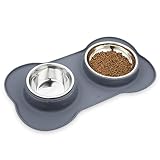 Pecute Hundenapf Mittelgroße Hunde, Futternapf Hund Katzennapf mit Doppel 750ml Näpfe aus Edelstahl, Fressnapf Hund Napf mit Rutschfesten Silikon Tablett, Fressnapf Katze Napfset Wassernapf L Grau