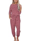 Ekouaer Damen Schlafanzug Lang Weich Pyjama Set mit Taschen Zweiteiler Sleepwear Winter Hausanzug Rot L