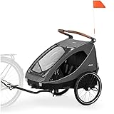 hauck 2in1 Fahrradanhänger & Buggy für 2 Kinder ab 6 Monaten bis 120 cm oder 22 kg Dryk Duo inkl. Deichsel, Kupplung, Buggyrad, Wimpel & Rücklicht, Zusammenklappbar, XL Kofferraum (Melange Grey)