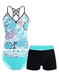 Freebily Mädchen Tankini Set 3-Teilig Badeanzug Bikini Bademode Badeshirt Badehose Slips Set Kinder Schwimmanzug Badebekleidung Beachwear A_Grün-Palmblätter 176/16 Jahre