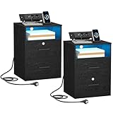 Hzuaneri Nachttisch 2er Set, mit Ladefunktion, Beistelltisch mit LED-Beleuchtung, Nachtschrank mit 1 Offenes Fach und 2 Schubladen, mit Schloss, für Schlafzimmer, Wohnzimmer, Schwarz NS36704X
