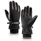 Handschuhe Winter für Damen Mädchen skihandschuhe Winterhandschuhe Wasserdichte PU Palme Warm Fahrradhandschuhe Winddichte Thermohandschuhe Sports Laufen Radfahren (Schwarz/rosa, Universal size-M/L)