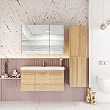 KAREN banyo Badmöbel Set 3 teilig City 100 cm | Waschbecken | Spiegelschrank | Unterschrank | Sonoma Eiche | Softclose-Türen & unsichtbare Griffe | Natürlicher Stil| Badezimmermöbel Waschtisch Holz