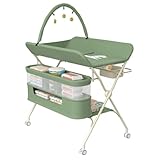 3 in 1 Wickeltisch klappbar, mobile Wickelkommode mit Rollen, Wickelstation höhenverstellbar, tragbare Wickelauflage bis 25 kg Belastbar,75 x 68 x 83–91 cm (B) Grün