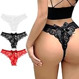Telooco Spitzenhöschen Damen 3er Pack Braut Spitzen Tanga Sexy Spitzenhöschen Unsichtbarer Sexy Spitzen String Damen Unterwäsche Spitze Tangas mit Spitzenschleife (Schwarz Weiß Rot, L)