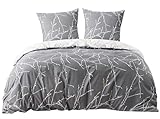 BEDSURE Bettwäsche 155x220 Baumwolle Grau - Bettwäsche-Sets 155 x 220 cm Bettbezug 3teilig mit 2 Kissenbezüge 80x80 cm, Bettwäsche Warm mit Reißverschluss Zweige Muster